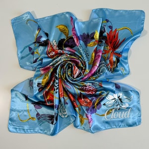 Light Blue Satin Scarf, Personalized Scarf, Blue Large Satin Scarf, Bohemian Head Scarf, Silky Hair Scarf, Blue Floral Headwrap Scarf