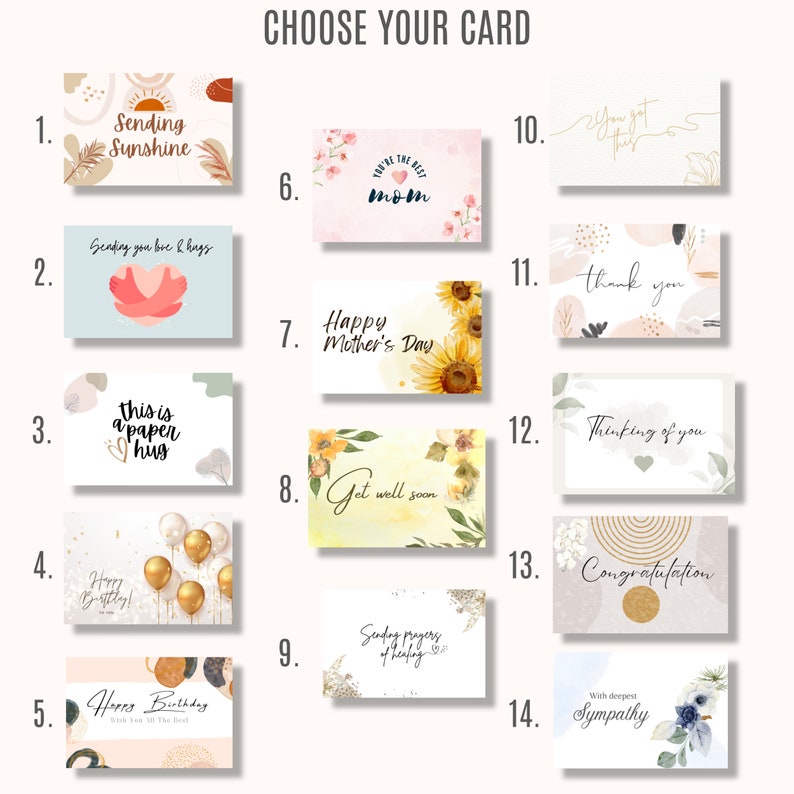 May include: A collection of fourteen rectangular greeting cards arranged in a grid, each featuring unique illustrations and text including Sending Sunshine, You got this, Happy Mother's Day, Get well soon, Happy Birthday, and With deepest Sympathy.