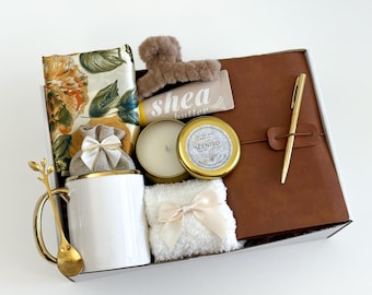 Happy Mother's Day Gift Box with Scarf, Olive Satin Scarf Gift Box with Mug & Journal: Elegant Gift for Her