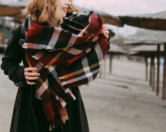 Maroon & Navy Blanket Scarf, Tartan Plaid Scarf, Oversized Scarf, Winter Scarf, Personalized blanket scarf, Red Wine plaid blanket scarf