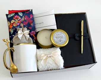 Happy Mother's Day Gift Box with Scarf, Navy Floral Satin Scarf Gift Box with Mug & Journal: Birthday Gift for Women