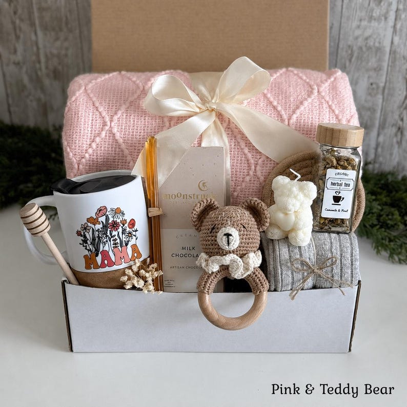 Pregnancy Care Package for Mom to Be, Postpartum Gift Box, New Mom Relaxation Basket, Expecting Mother Gift Set, Pregnancy gift box Pink & Teddy Bear