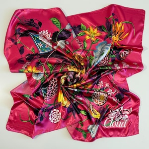 Hot pink sateen scarf, Hot Pink Large Satin Scarf, Bohemian Head Scarf, Silky Hair Scarf, Floral Headwrap, Personalized Gift for Her