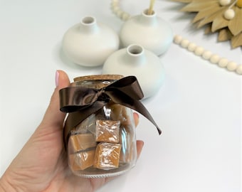 7 oz Glass Favor Jars with Cork Lids filed with Vanilla Caramels Bachelorette Party Favor Mothers Day Gift