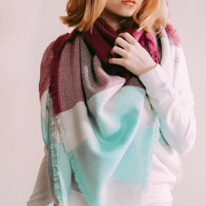 Fuchsia & Mint Blanket Scarf, Winter wedding shawl plaid purple, Bridesmaid Shawl, Personalized Scarf, Mint green plaid wedding shawl
