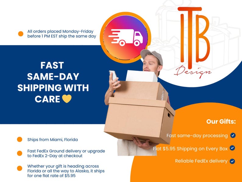 K&ouml;nnte beinhalten: Werbegrafik f&uuml;r schnellen Versand. Ein Mann h&auml;lt Kartons, mit dem Text "FAST SAME-DAY SHIPPING WITH CARE." Das Bild enth&auml;lt das Logo "TB Design" und einen Lieferwagen.