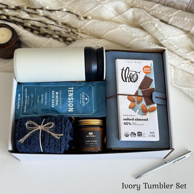 Hug care package for him, Hygge Self Care Gift Box, Christmas gift box, Gift box for Dad, Happy Birthday for Him, Fall gift box for men Ivory Tumbler Set
