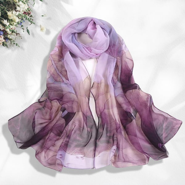 Écharpe d'été violette, foulards pour femmes, écharpe infinité, boucle, cadeaux pour elle, écharpe personnalisée, châle, mousseline de soie douce, longue enveloppe, cadeau de fête des mères