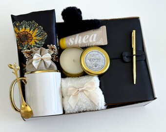 Happy Mother's Day Gift Box with Scarf, Black and Gold Satin Scarf Gift Box with Mug & Journal: Luxury Gift for Her