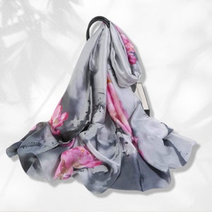 Floral Silk Scarf Women Silk Shawl Women Scarves Summer Scarf Infinity Scarf Gray Silk Personalized Gift Mothers Day Gifts For Her Mom Gift image 2