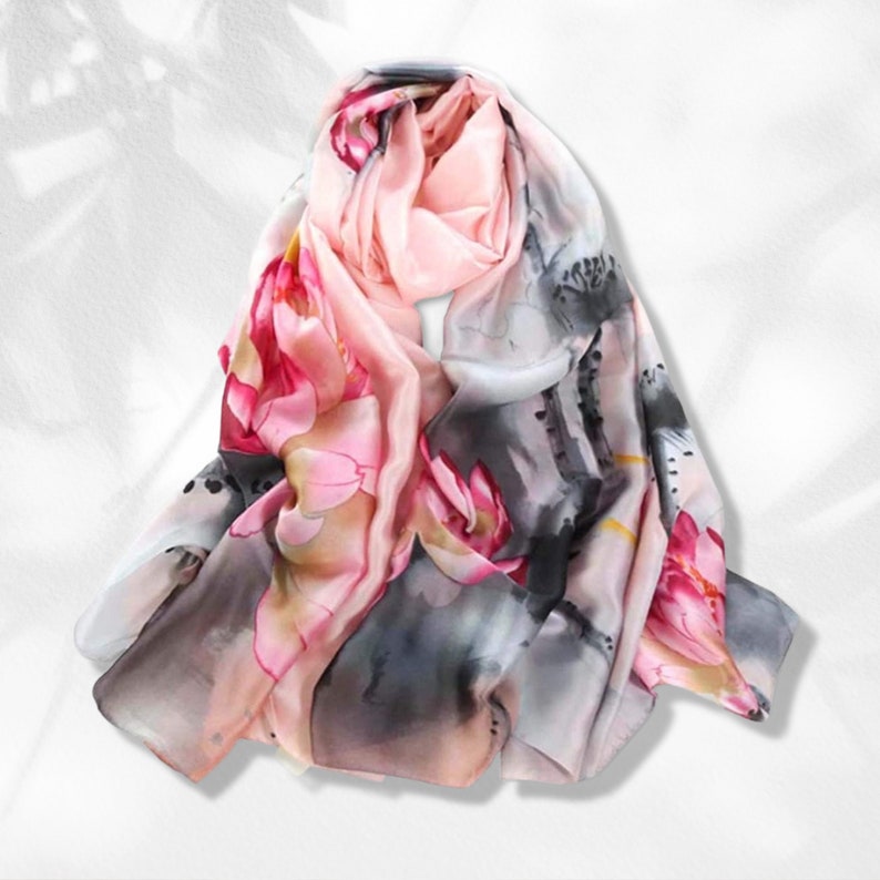 Floral Silk Scarf Women Silk Shawl Women Scarves Summer Scarf Infinity Scarf Gray Silk Personalized Gift Mothers Day Gifts For Her Mom Gift Pink