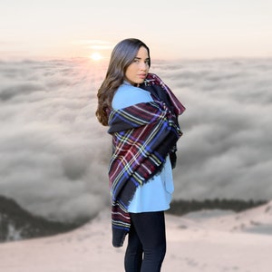 Black Plaid Blanket Scarf, Plaid Shawl, Tartan Scarf, Oversized Scarf, Oversized Blanket Scarf, Monogrammed Blanket Shawl, Bridesmaid Favors