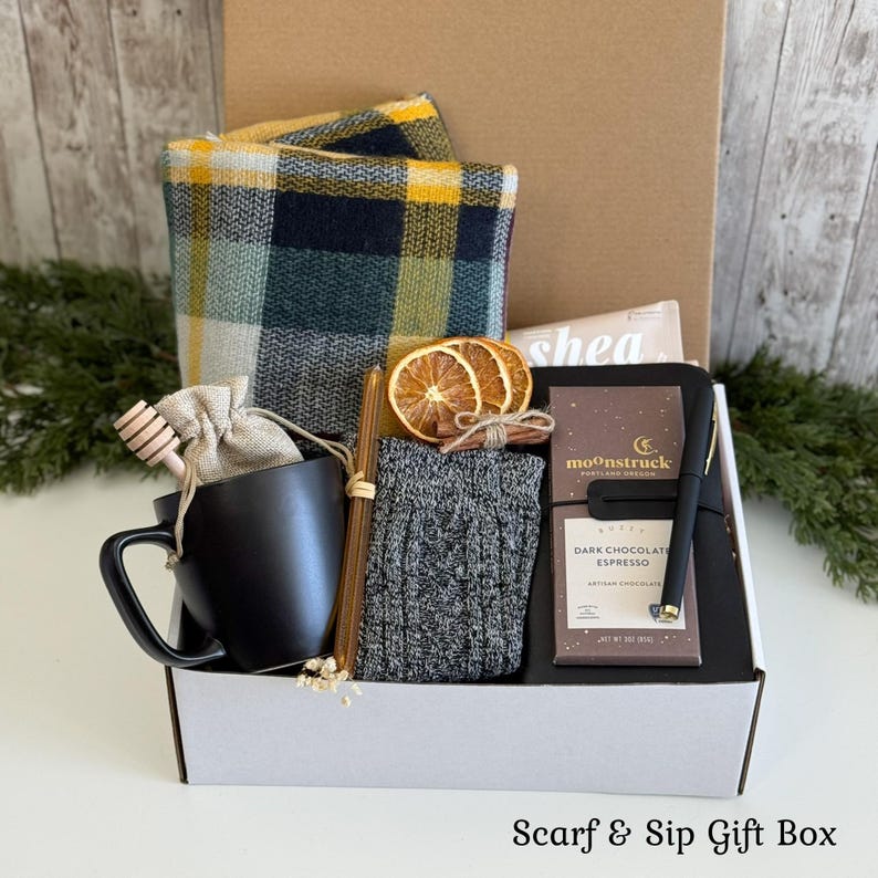 Hug care package for him, Hygge Self Care Gift Box, Christmas gift box, Gift box for Dad, Happy Birthday for Him, Fall gift box for men Scarf & Sip Gift Box