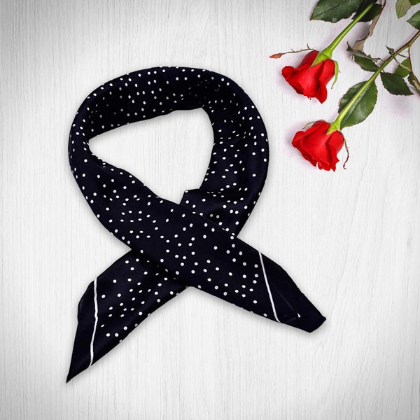 Écharpe carrée à pois noirs Bandana soyeux Écharpe de tête en soie Bandana de cheveux en soie Écharpe personnalisée Bandana Écharpe de cou en soie à pois noir