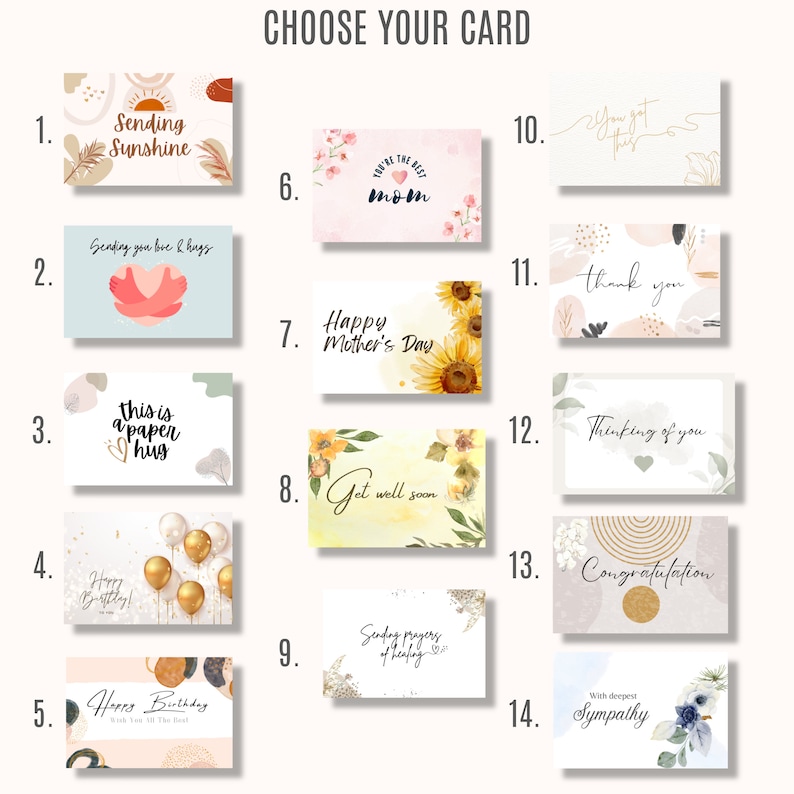 May include: A set of 14 printable greeting cards with different designs and messages. The cards feature various illustrations, including sunflowers, balloons, and abstract shapes. The messages include "Sending Sunshine", "Happy Mother's Day", "Thinking of You", and "Congratulations".