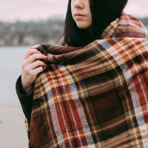 Brown Orange Blanket Scarf, Oversized Scarf, Plaid Shawl Bridesmaid Gifts Monogram Scarf, Christmas plaid scarf, Throw plaid blanket tartan