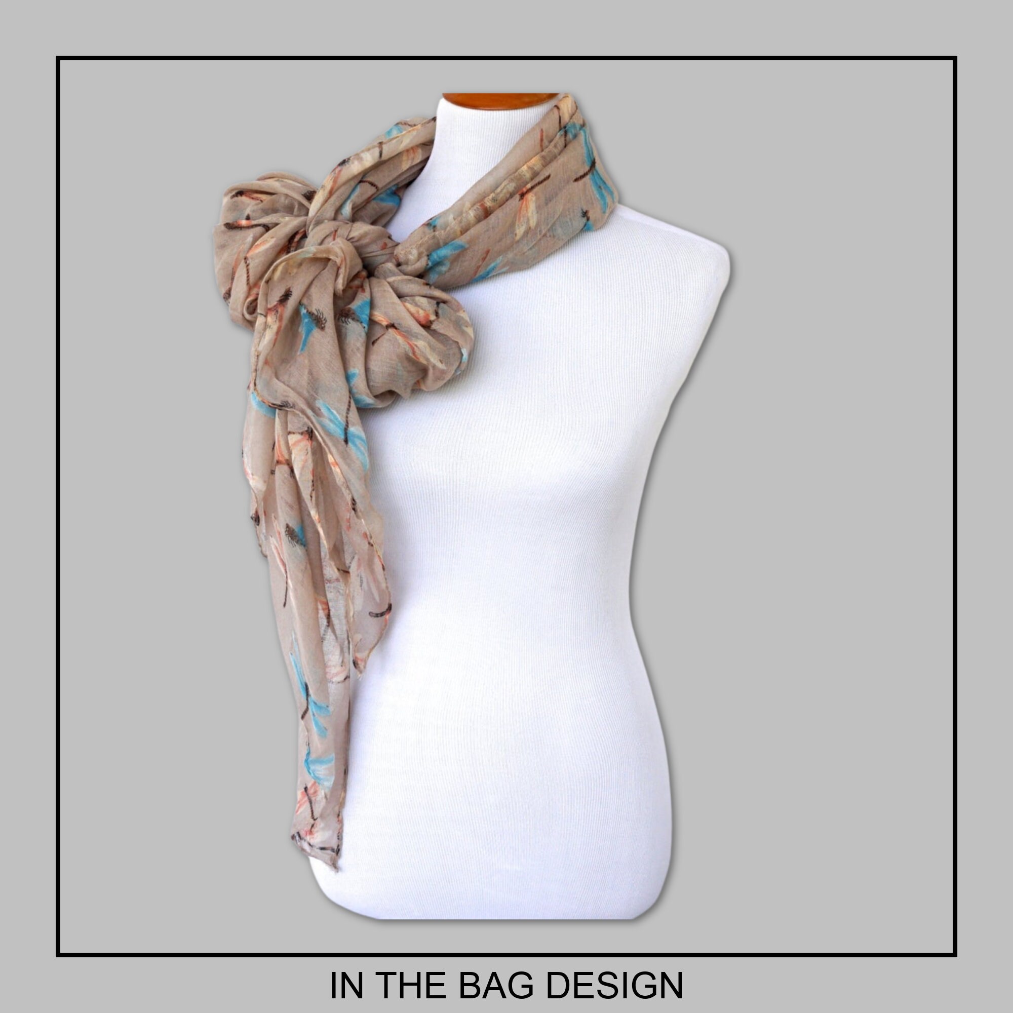 Beige dragonfly  zigzag floral loop circle infinity scarf holiday Christmas gift for women by ScarfFANS