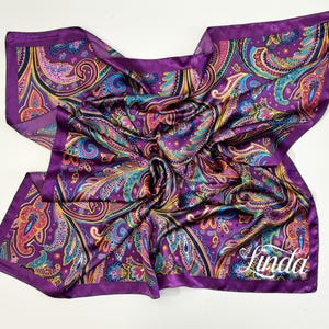 Purple Silk Hair Scarf, Custom gift for women, Silky Head Scarf, Hair Square Scarf, Purple Neck Scarf, Women Silk Scarf Personalized Scarf