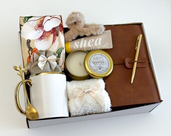 Happy Mother's Day Gift Box with Scarf, Beige Floral Silk Scarf Gift Box with Mug & Journal: Elegant Gift for Women