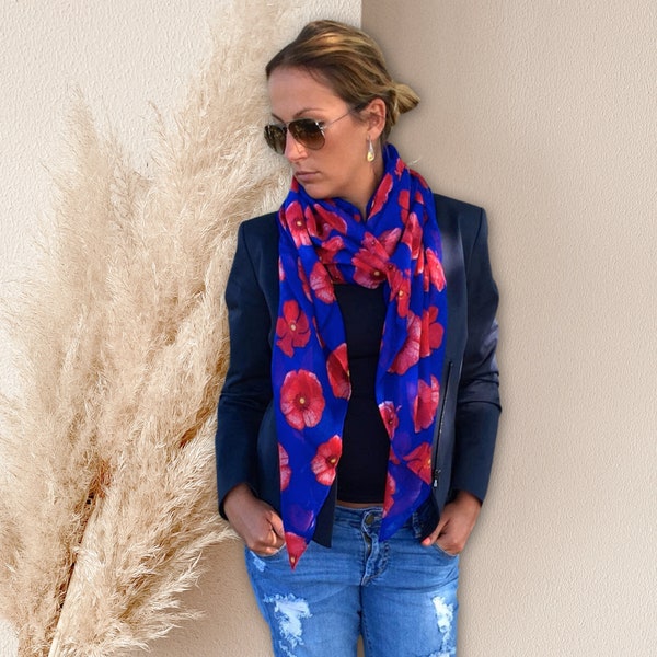 Royal Blue Scarf Poppies Summer Infinity Scarf Women Handmade Birthday Gifts for Her Personalized Gift For Women Wrap Shawl Mothers Day Gift