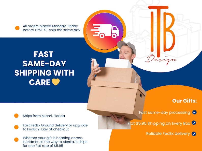 May include: A promotional graphic for ITB Design featuring a person holding cardboard boxes and a smartphone. Text includes: FAST SAME-DAY SHIPPING WITH CARE, All orders placed Monday-Friday before 1 PM EST ship the same day, Ships from Miami, Florida.