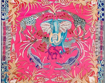 Grande écharpe carrée éléphant, foulard en soie rose pour femme, écharpe bohème, châle, cadeaux personnalisés pour la fête des mères, cadeau maman pour femme