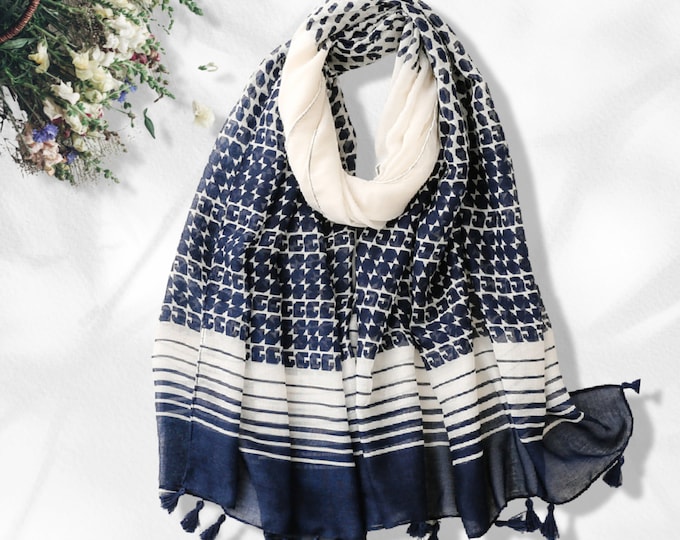 Navy Summer Scarf Navy and White Personalized Scarf Wrap Shawl Soft Women Scarves Lightweight Long Scarf Beach Cover Up