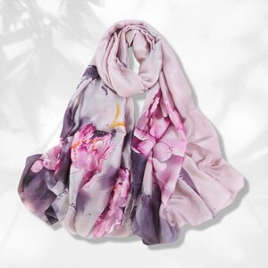 Floral Silk Scarf Women Silk Shawl Women Scarves Summer Scarf Infinity Scarf Gray Silk Personalized Gift Mothers Day Gifts For Her Mom Gift Purple