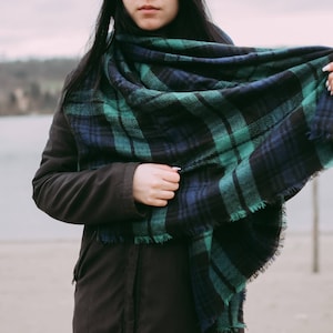Hunter Green & Navy Plaid Blanket Scarf Bridesmaids Gifts, Oversized Scarf, Personalized Gifts, Bridesmaid Favors, Monogrammed Blanket Shawl