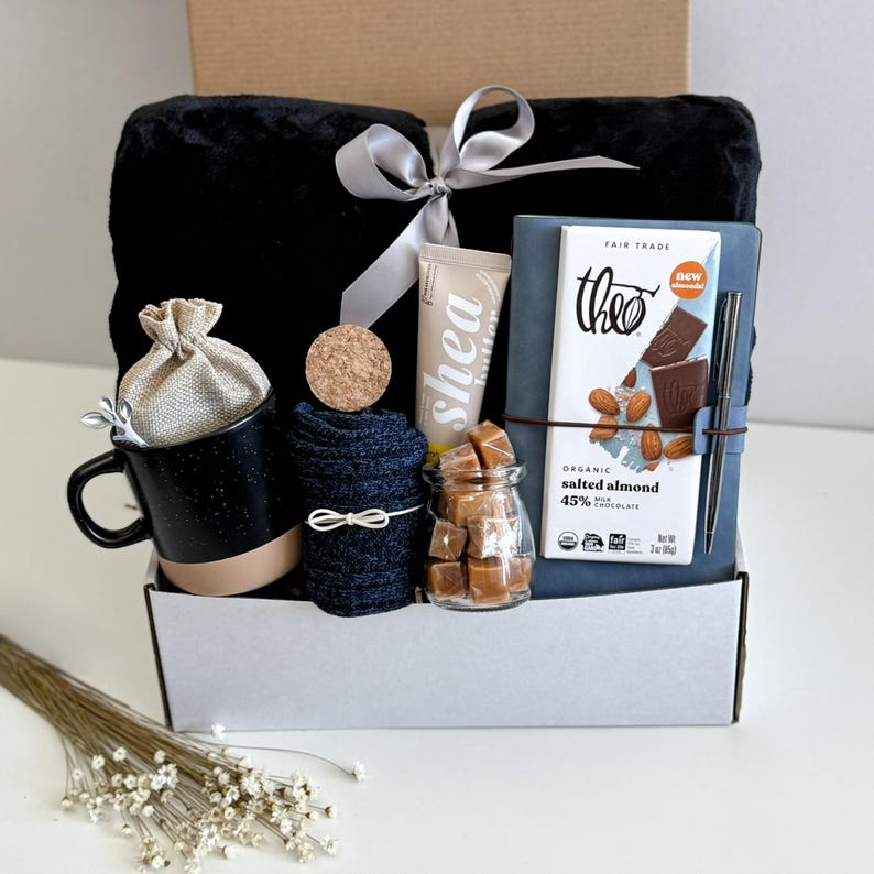 Care Package for Men Get Well Soon Gift Box, Surgery Recovery Basket, Thinking of You Gift for Him, Men’s Care Box Black Blanket Box