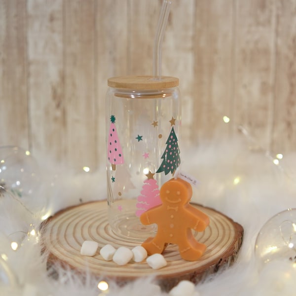Gingerbread Man Iced Coffee Glass, 16Oz Libbey Glass Can, Holiday Cup, Christmas Glass Cup, Christmas Gingerbread Man Can Glass Cup