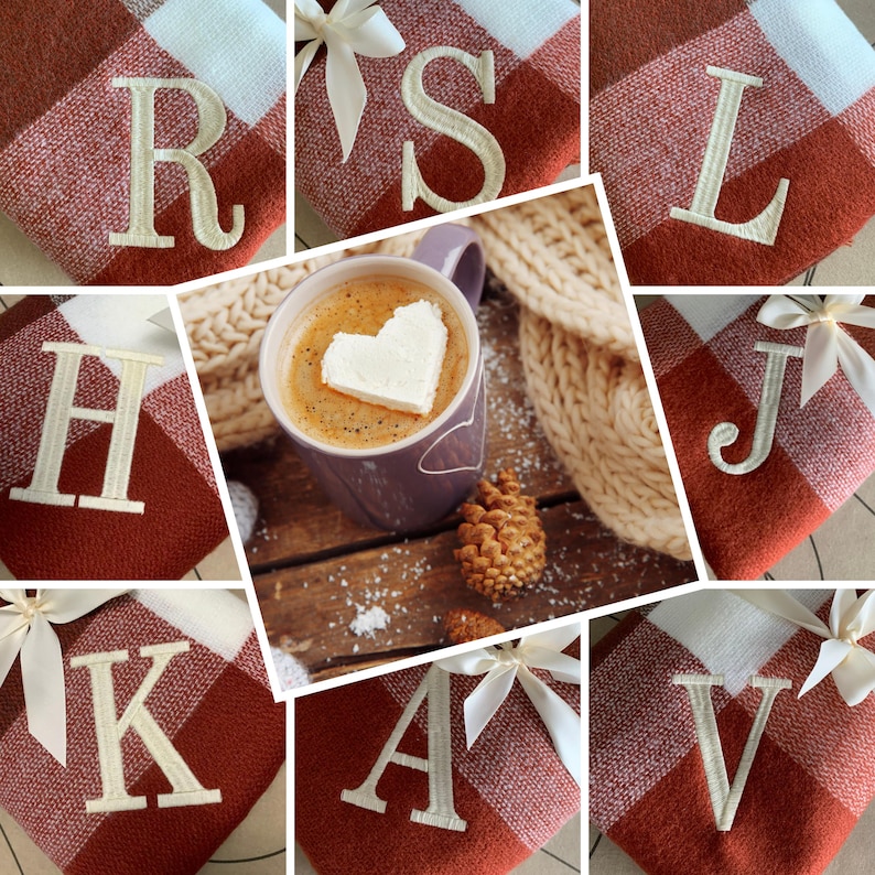 May include: A set of 9 personalized fleece blankets with a red and white plaid pattern. Each blanket features a different letter embroidered in white on the red plaid. The letters are R, S, L, H, J, K, A, V.