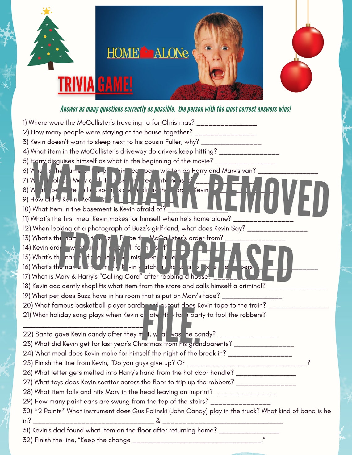 Home Alone 1 Movie Trivia Game christmas Holiday Digital Etsy