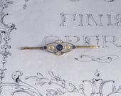 Edwardian Vintage 18ct Yellow Gold Sapphire Paste and Pearl Brooch, Antique Bar Brooch with Pierced Detail