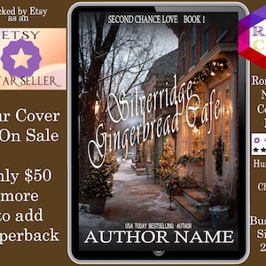 Könnte beinhalten: Ein digitales Tablet zeigt das Cover eines Buches mit dem Titel "Silverridge Gingerbread Cafe". Das Cover zeigt eine verschneite Straßenszene mit einem Café. Text enthält "Second Chance Love Book 1" und "USA Today Bestselling Author."