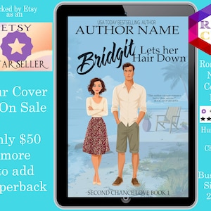 Puede incluir: Una tableta muestra la portada de una novela romántica titulada "Bridgit Lets Her Hair Down" por Author Name. La imagen muestra a un hombre y una mujer en una playa. El texto incluye "Second Chance Love Book 1" y "USA Today Bestselling Author."