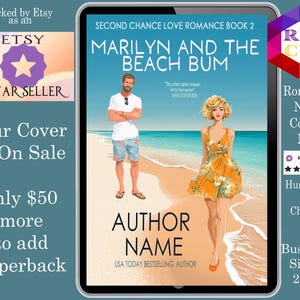 May include: A digital tablet shows a book cover titled "Marilyn and the Beach Bum." The cover art depicts a man and woman on a beach. Text includes "Romance Novel Covers Now" and "USA TODAY BESTSELLING AUTHOR."