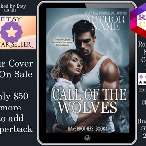 May include: A digital tablet displays a book cover titled "Call of the Wolves" with a man and woman embracing, and wolves in the background. The cover is for a romance novel. Text on the tablet includes "USA TODAY BESTSELLING AUTHOR" and "BANE BROTHERS BOOK 1".