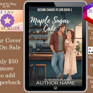 Könnte beinhalten: Grafik eines Etsy Star Sellers, die für Roman-Cover-Designs wirbt. Das Cover zeigt ein Paar in einem Café mit dem Titel "Maple Sugar Cafe". Der Text enthält "Second Chance at Love Book 1" und "USA Today Bestselling Author."