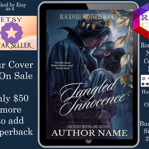 Op de afbeelding: Een digitale tablet toont een romantische roman cover getiteld "Tangled Innocence". De cover toont een stel dat elkaar omhelst, met tekst als "Blackwell Brothers Book 1" en "USA Today Bestselling Author". Extra tekst promoot de verkoop van de cover en de Etsy Star Seller status.