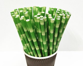 25pcs Green Brown Bamboo Paper Straws Birthday Wedding Decorative Party Supplies