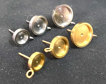 100pcs Gold plated Stainless Steel Earring Posts Studs Settings Bezels Cabochons Tacks Thick Bezel with loop