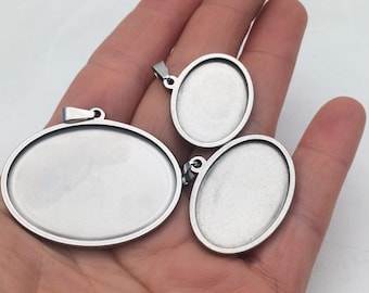 10 piezas de cabujón de acero inoxidable macizo estilo B con bisel ovalado, colgantes en blanco con cierre, 3 tamaños a elegir