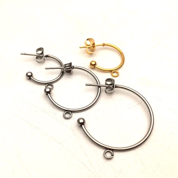 20pcs minimalist non tarnished 18K real gold plated Stainless Steel round open hoop with loop post stud findings 15/20/25mm