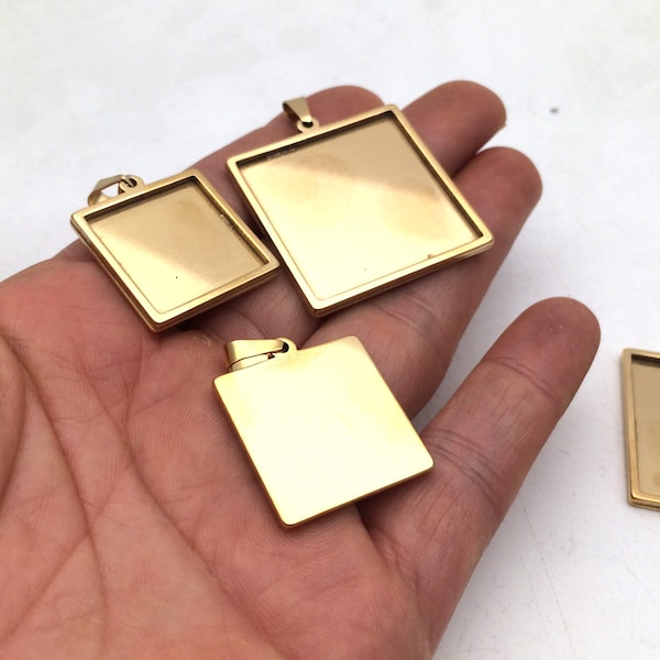 10pcs 18K Gold plated Solid Stainless Steel Cabochon Settings Square Bezel Tray Blanks Pendants with Clasp 20mm 25mm 30mm inner size