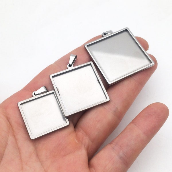 10pcs Solid Stainless Steel Cabochon Settings Square Bezel Tray Blanks Pendants with Clasp 20mm 25mm 30mm inner size