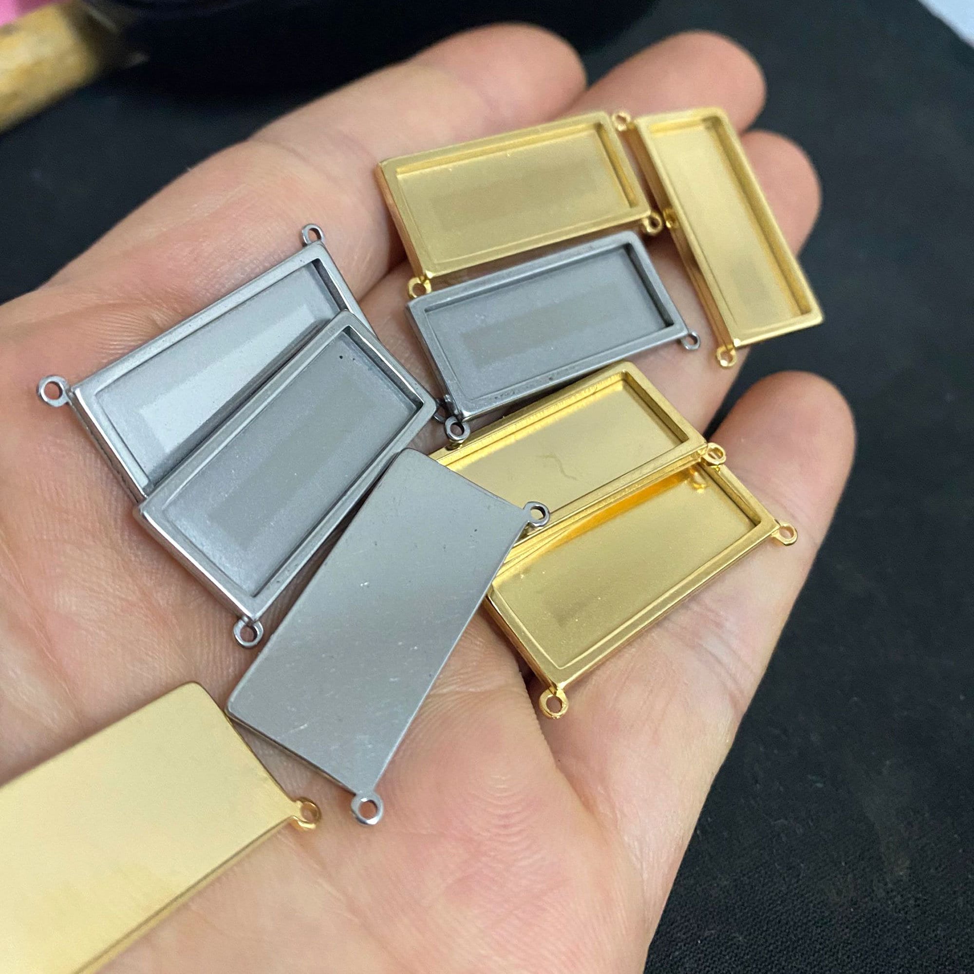 10/50pcs Solid Stainless Steel 18K Plated Cabochon Settings Rectangle Bezel Tray Blanks sideways Connectors Pendant 10x25mm
