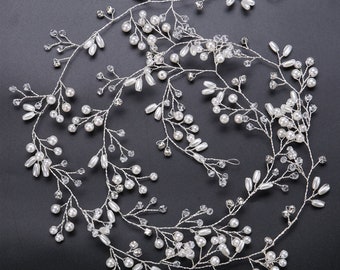 0.5/1.0 meter Crystal and Faux Pearl Hair Vine Long Bridal Headpiece Brass Wire Wrapped Silver or Gold