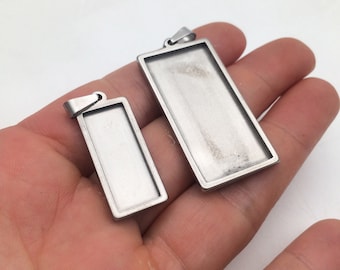 Solid Stainless Steel Cabochon Settings Rectangle Bezel Tray Blanks Pendants with Clasp 18.5x37.5mm 10x25mm inner size