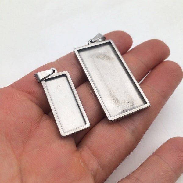 Solid Stainless Steel Cabochon Settings Rectangle Bezel Tray Blanks Pendants with Clasp 18.5x37.5mm 10x25mm inner size